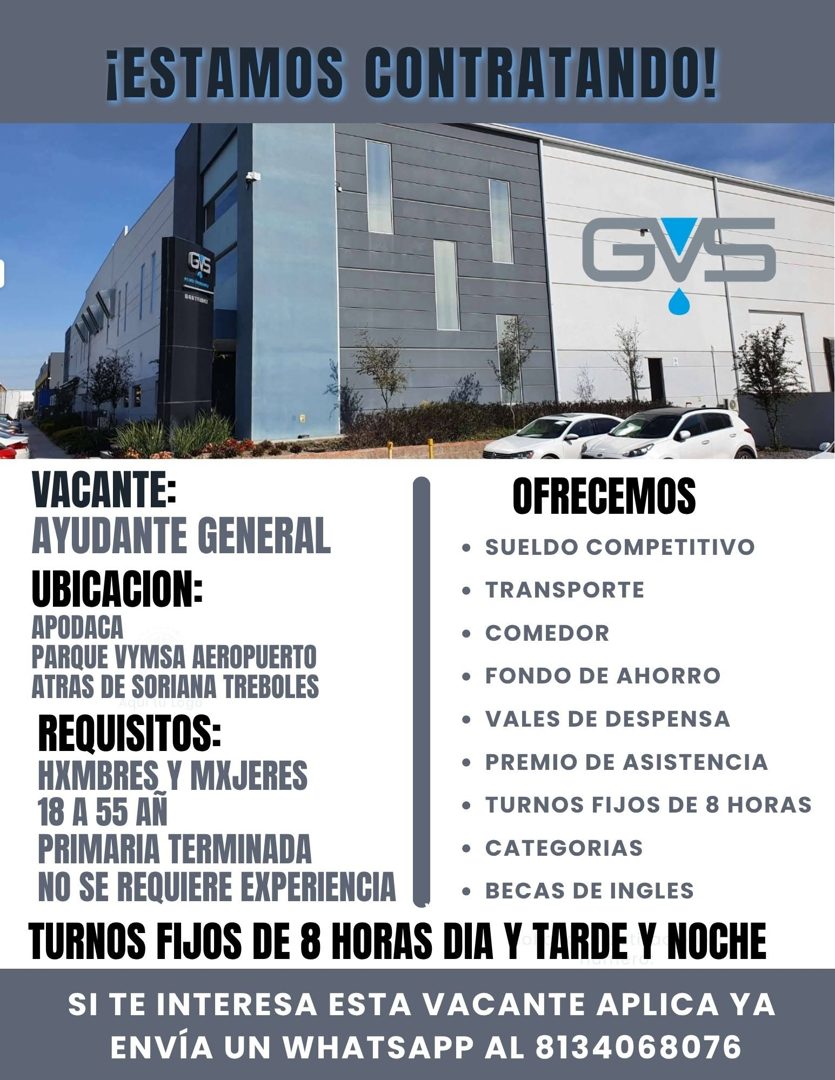 Banner del anuncio de la vacante: ¡ESTAMOS CONTRATANDO! · G · GVE · VACANTE: · OFRECEMOS · AYUDANTE GENERAL · • SUELDO COMPETITIVO · UBICACION: · • TRANSPORTE · APODACA · • C