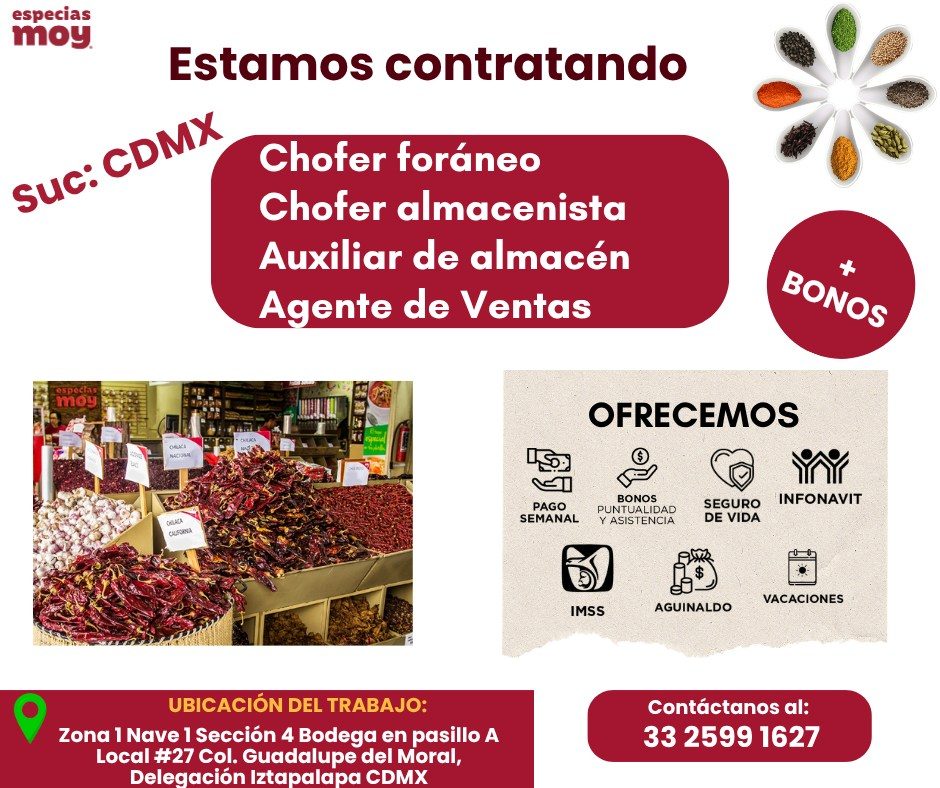 Banner del anuncio de la vacante: especias · moy. · Estamos contratando · Suc: CDMX · Chofer foráneo · Chofer almacenista · Auxiliar de almacén · Agente de Ventas · BONOS · m