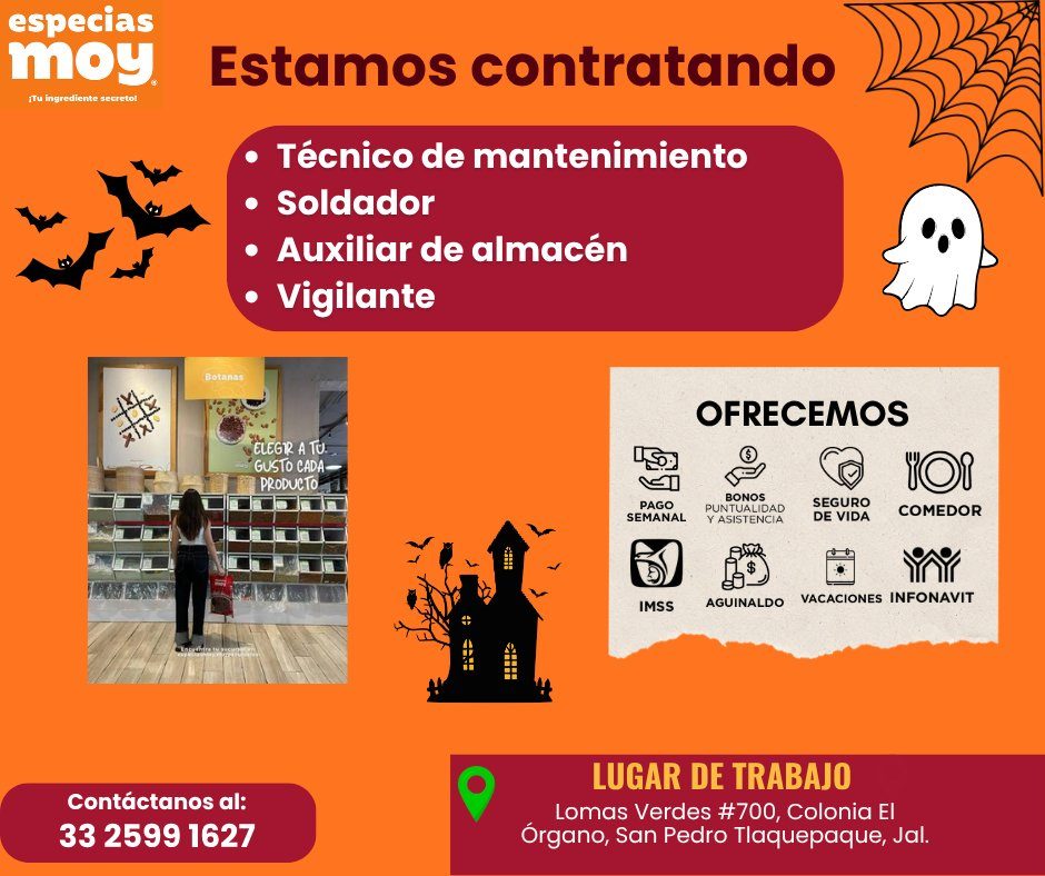 Banner del anuncio de la vacante: especias · moy · Tu ingrediente secreto! · Estamos contratando · • · Técnico de mantenimiento · • Soldador · • Auxiliar de almacén · • Vigil