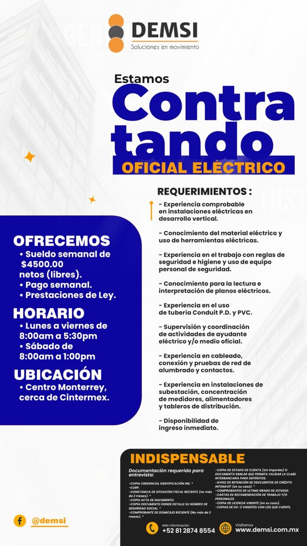 Banner del anuncio de la vacante: DEMSI · Soluciones en movimiento · OFRECEMOS · • Sueldo semanal de · $4500.00 · netos (libres). · • Pago semanal. · • Prestaciones de Ley. ·