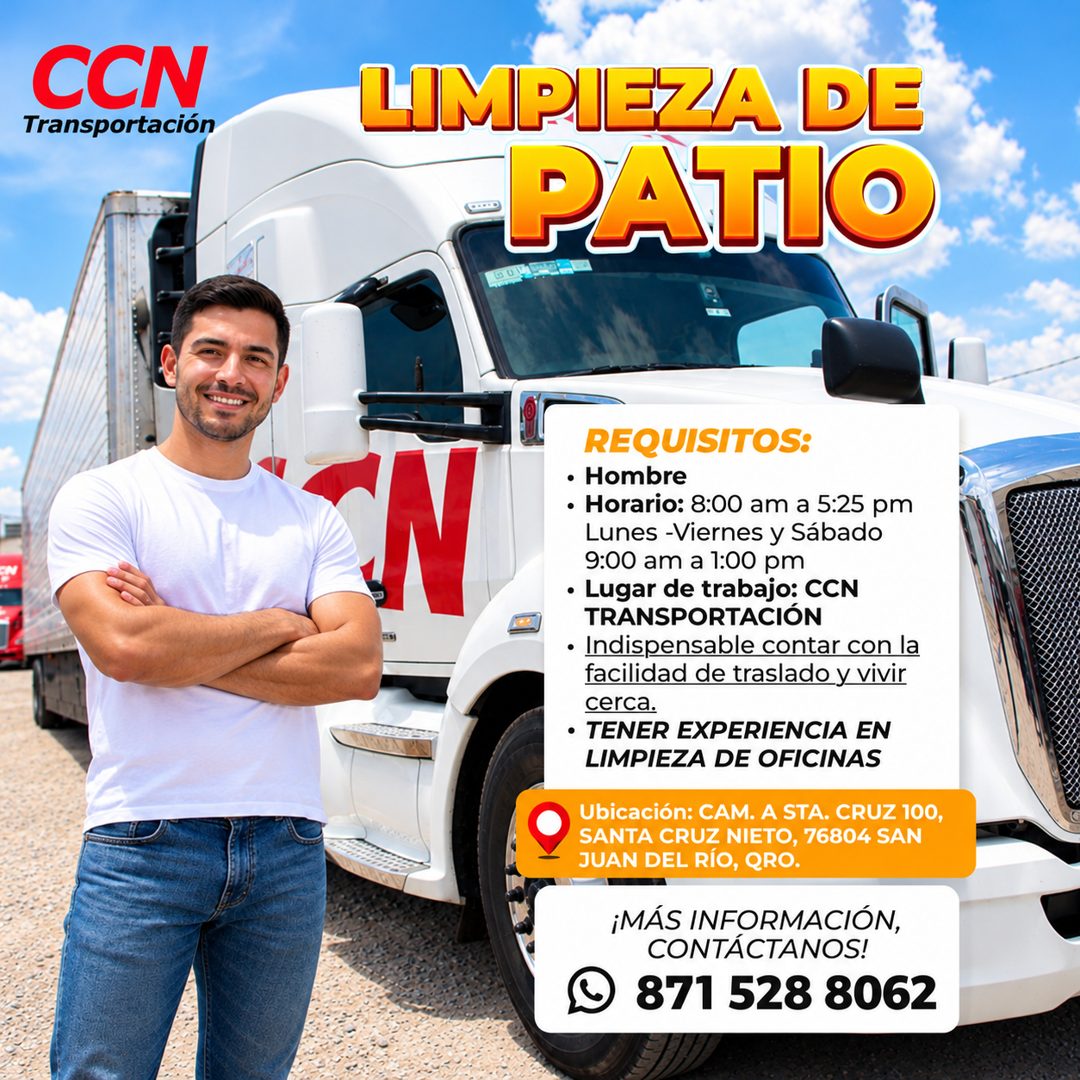 Banner del anuncio de la vacante: CCN · Transportación · LIMPIEZA DE · РАТЮ · REQUISITOS: · • Hombre · • Horario: 8:00 am a 5:25 pm · Lunes -Viernes y Sábado · 9:00 am a 1:00