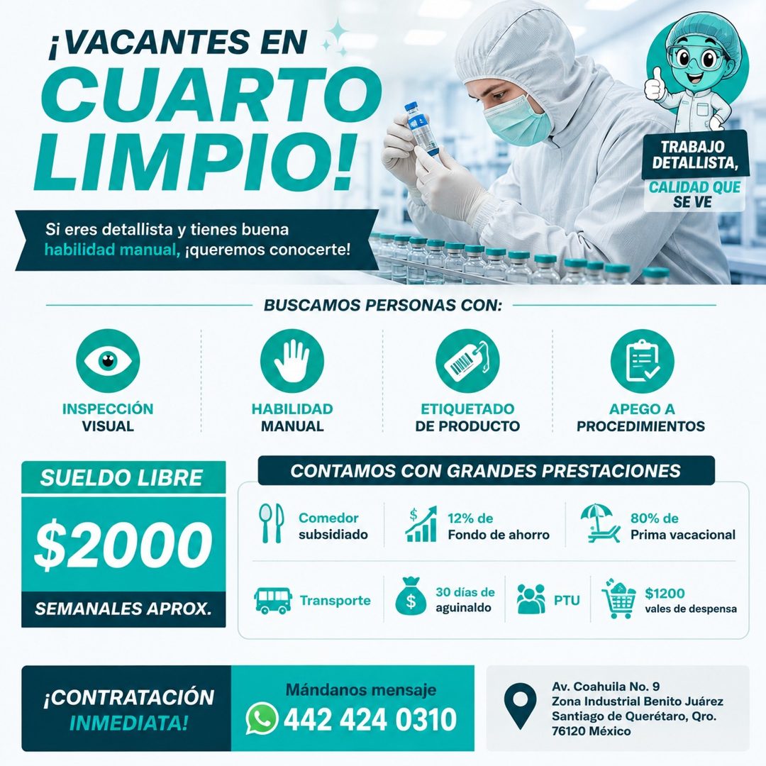 Banner del anuncio de la vacante: ¡VACANTES EN · CUARTO · LIMPIO! · Si eres detallista y tienes buena · habilidad manual, ¡queremos conocerte! · TRABAJO · DETALLISTA, · CALID
