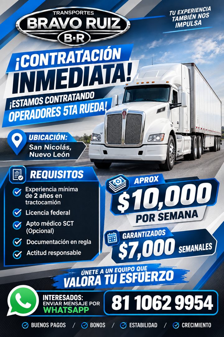 Banner del anuncio de la vacante: TRANSPORTES · BRAVO RUIZ · B-R · ¡CONTRATACIÓN · INMEDIATA! · ¡ESTAMOS CONTRATANDO · OPERADORES 5TA RUEDA! · UBICACIÓN: · San Nicolás, · Nue