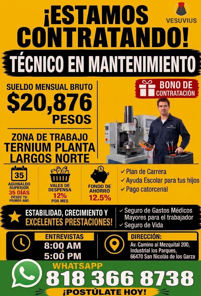 Banner del anuncio de la vacante: ¡ESTAMOS · VESUVIUS · CONTRATANDO! · TÉCNICO EN MANTENIMIENTO · SUELDO MENSUAL BRUTO · $20,876 · PESOS · BONO DE · CONTRATACIÓN · ZONA DE TR