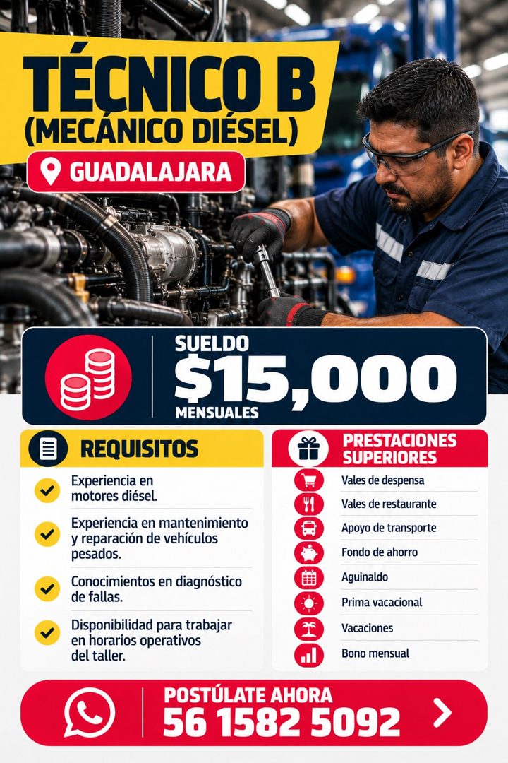 Banner del anuncio de la vacante: TÉCNICO B · (MECANICO DIESEL) · GUADALAJARA · SUELDO · $15,000 · MENSUALES · REQUISITOS · PRESTACIONES · SUPERIORES · Experiencia en · motor