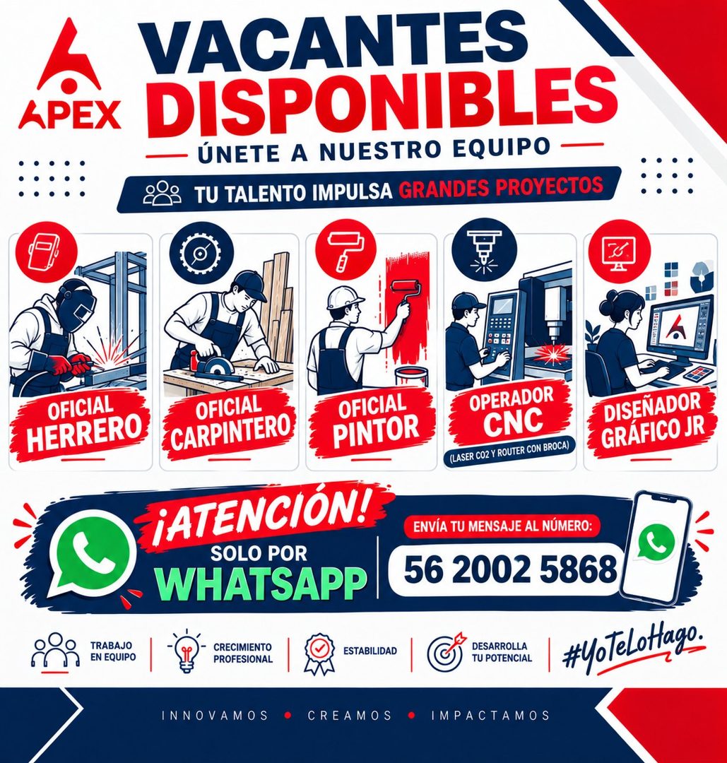 Banner del anuncio de la vacante: APEX · VACANTES · DISPONIBLES · ÚNETE A NUESTRO EQUIPO · TU TALENTO IMPULSA GRANDES PROYECTOS · OFICIAL · HERRERO · TRABAJO · EN EQUIPO · OF