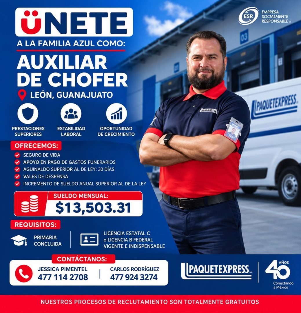 Banner del anuncio de la vacante: ÜNETE · A LA FAMILIA AZUL COMO: · AUXILIAR · DE CHOFER · LEÓN, GUANAJUATO · ESR · EMPRESA · SOCIALMENTE · RESPONSABLE • · MOLETEORRERS · PAQ