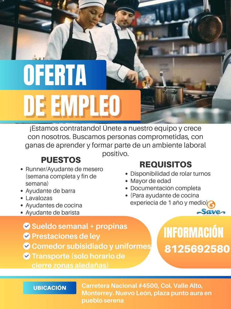 Banner del anuncio de la vacante: OFERTA · DE EMPLEO · ¡Estamos contratando! Unete a nuestro equipo y crece · con nosotros. Buscamos personas comprometidas, con · ganas de ap