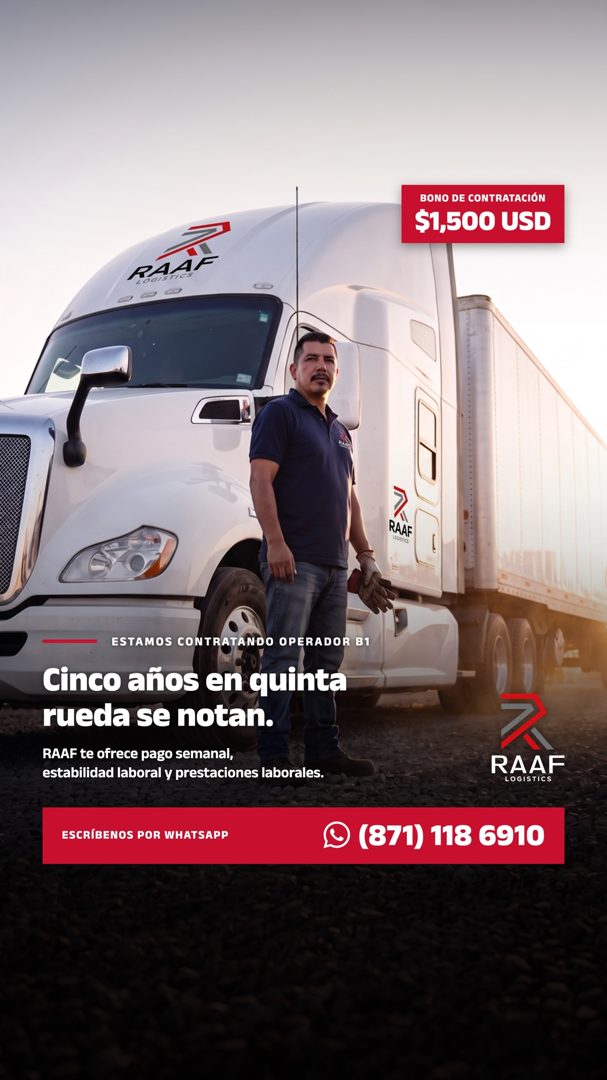 Banner del anuncio de la vacante: BONO DE CONTRATACIÓN · $1,500 USD · RAAF · RAAF · ESTAMOS CONTRATANDO OPERADOR B1 · Cinco años en quinta · rueda se notan. · RAAF te ofrece 