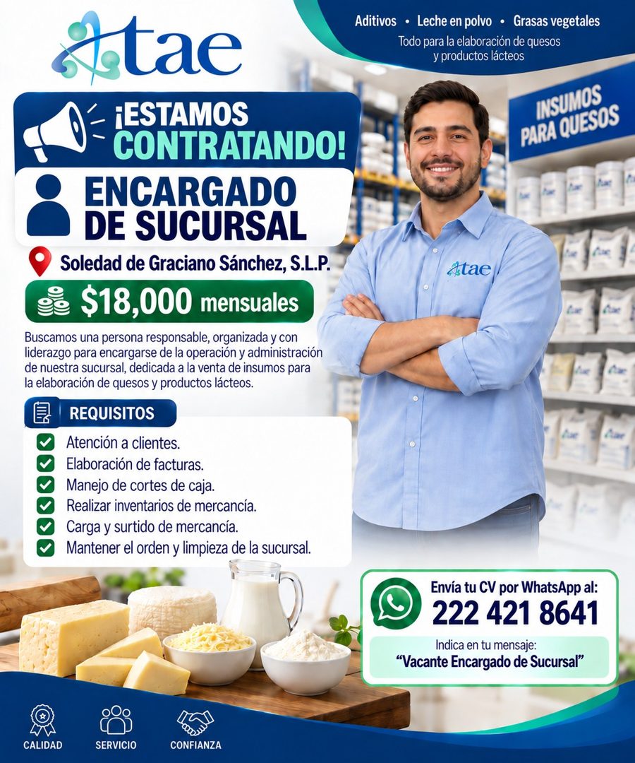Banner del anuncio de la vacante: Stae · ¡ESTAMOS · CONTRATANDO! · ENCARGADO · DE SUCURSAL · Soledad de Graciano Sánchez, S.L.P. · $18,000 mensuales · Buscamos una persona re