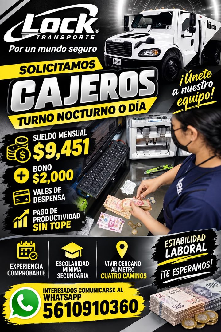 Banner del anuncio de la vacante: Lack · TRANSPORTE · Por un mundo seguro · SOLICITAMOS · Lack · CAJEROS · TURNO NOCTURNO O DÍA · SUELDO MENSUAL · $9,451 · BONO · $2,000 · VA