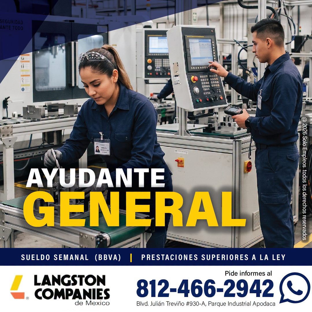 Banner del anuncio de la vacante: SEGURIDAD · ANTE TODO · TIEN MEEE · BREN BELL · SEEN OBED · Gada · 095E · AYUDANTE · GENERAL · SUELDO SEMANAL (BBVA) | · PRESTACIONES SUPERI
