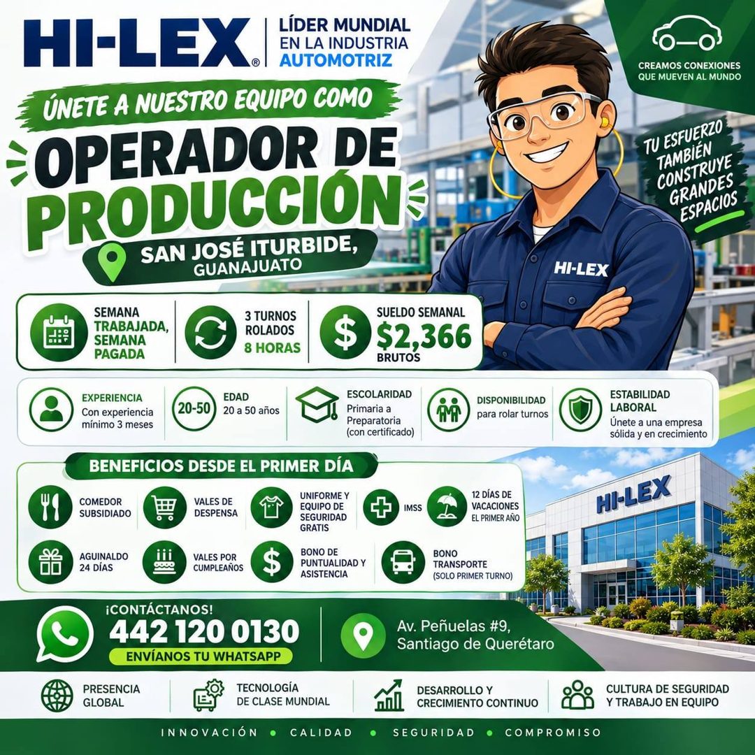 Banner del anuncio de la vacante: HI-LEX · ® · LÍDER MUNDIAL · EN LA INDUSTRIA · AUTOMOTRIZ · ÚNETE A NUESTRO EQUIPO COMO · OPERADOR DE · PRODUCCIONS · SAN JOSÉ ITURBIDE, · G