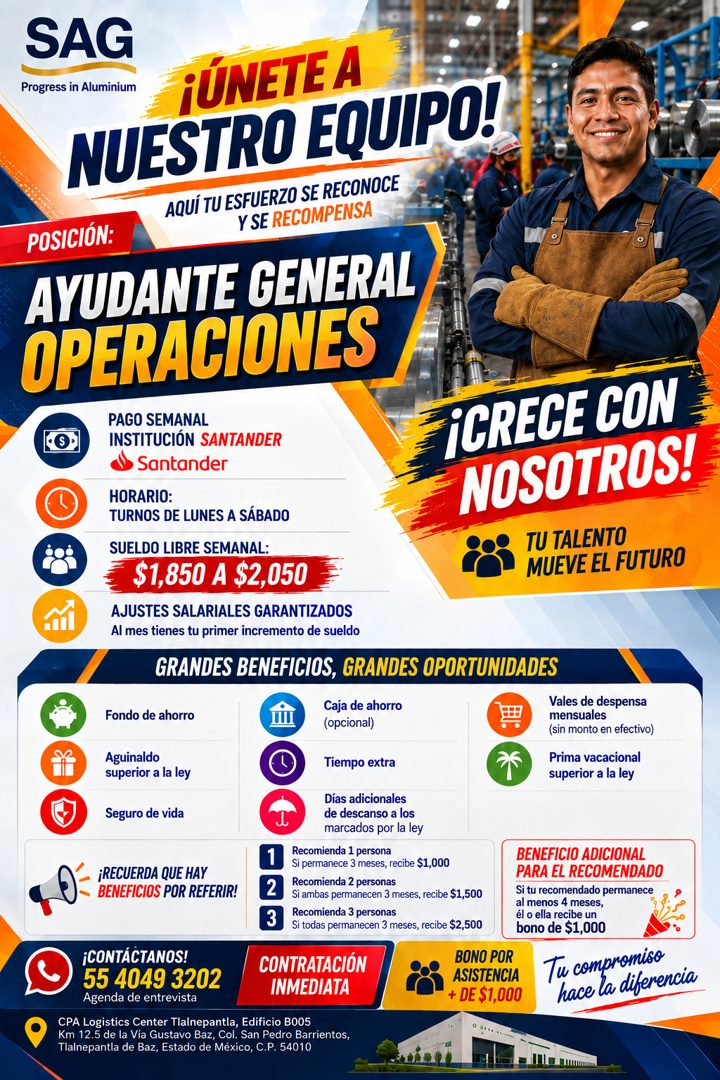 Banner del anuncio de la vacante: SAG · Progress in Aluminium · ¡ÚNETE A · NUESTRO EQUIPO! · AQUÍ TU ESFUERZO SE RECONOCE · Y SE RECOMPENSA · POSICIÓN: · AYUDANTE GENERAL · O