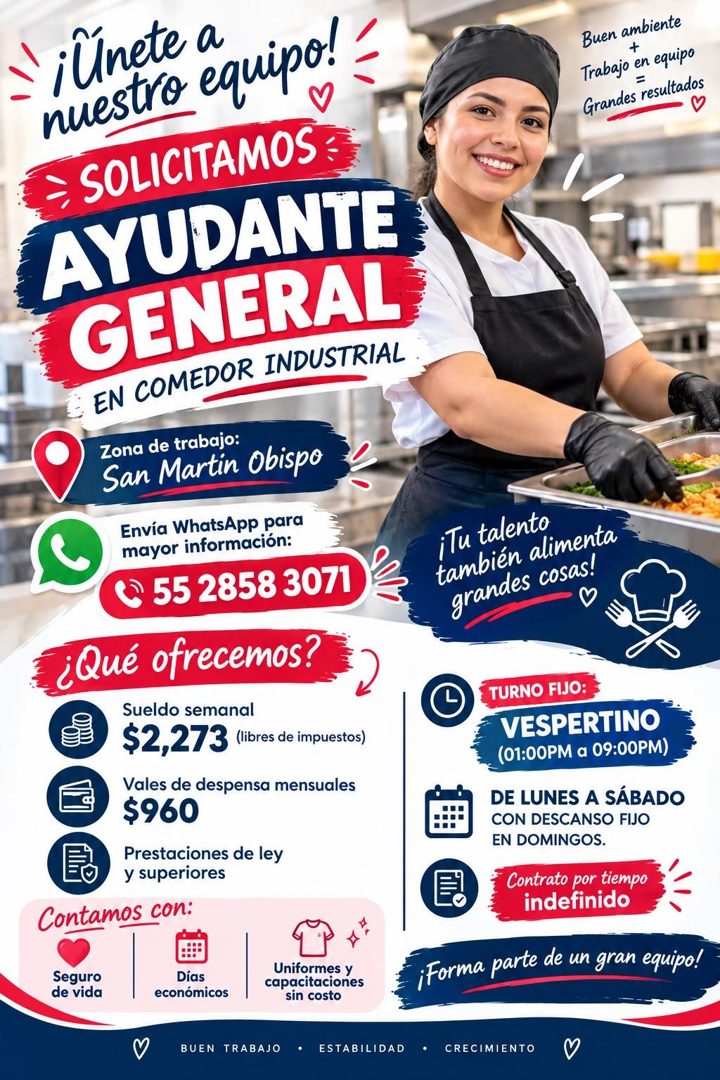 Banner del anuncio de la vacante: ¡Unete a · nuestro equipo!! · SOLICITAMOS · AYUDANTE · GENERAL · EN COMEDOR INDUSTRIAL · Zona de trabajo: · San Martin Obispo · Envía WhatsA