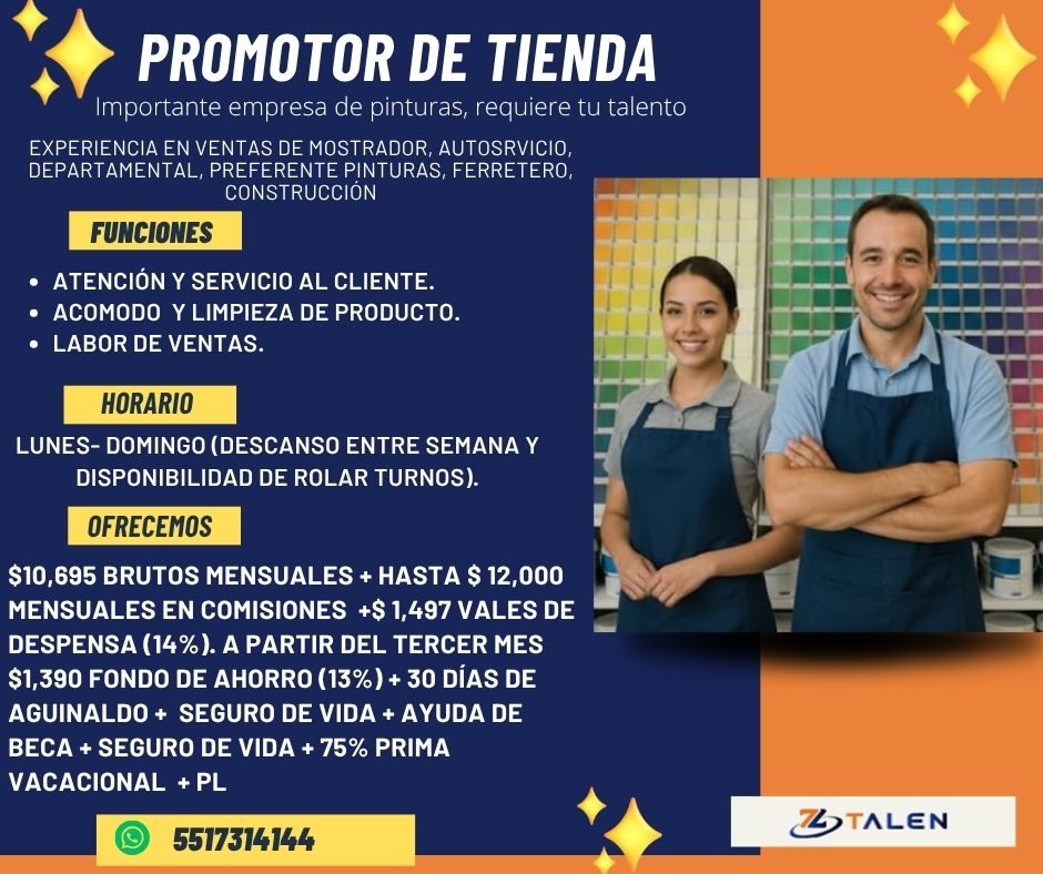 Banner del anuncio de la vacante: PROMOTOR DE TIENDA · Importante empresa de pinturas, requiere tu talento · EXPERIENCIA EN VENTAS DE MOSTRADOR, AUTOSRVICIO, · DEPARTAMENTAL,