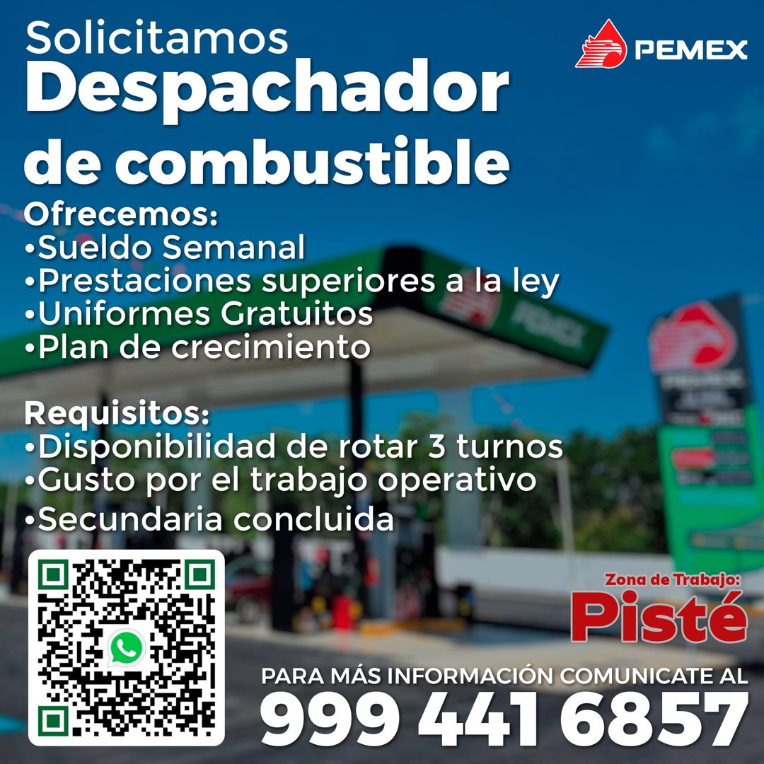 Banner del anuncio de la vacante: Solicitamos · Despachador · de combustible · Ofrecemos: · •Sueldo Semanal · •Prestaciones superiores a la ley · •Uniformes Gratuitos · •Plan