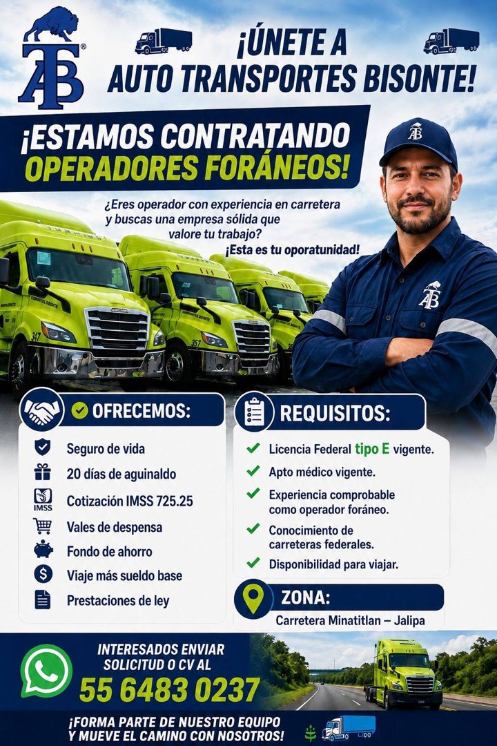 Banner del anuncio de la vacante: ¡ÚNETE A · AB · AUTO TRANSPORTES BISONTE! · ¡ESTAMOS CONTRATANDO · OPERADORES FORÁNEOS! · ¿Eres operador con experiencia en carretera · y bu