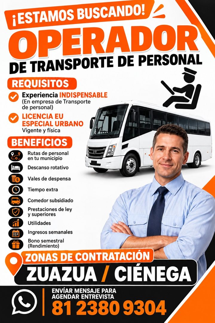 Banner del anuncio de la vacante: ¡ESTAMOS BUSCANDO! · OPERADOR · DE TRANSPORTE DE PERSONAL · REQUISITOS · Experiencia INDISPENSABLE · (En empresa de Transporte · de personal