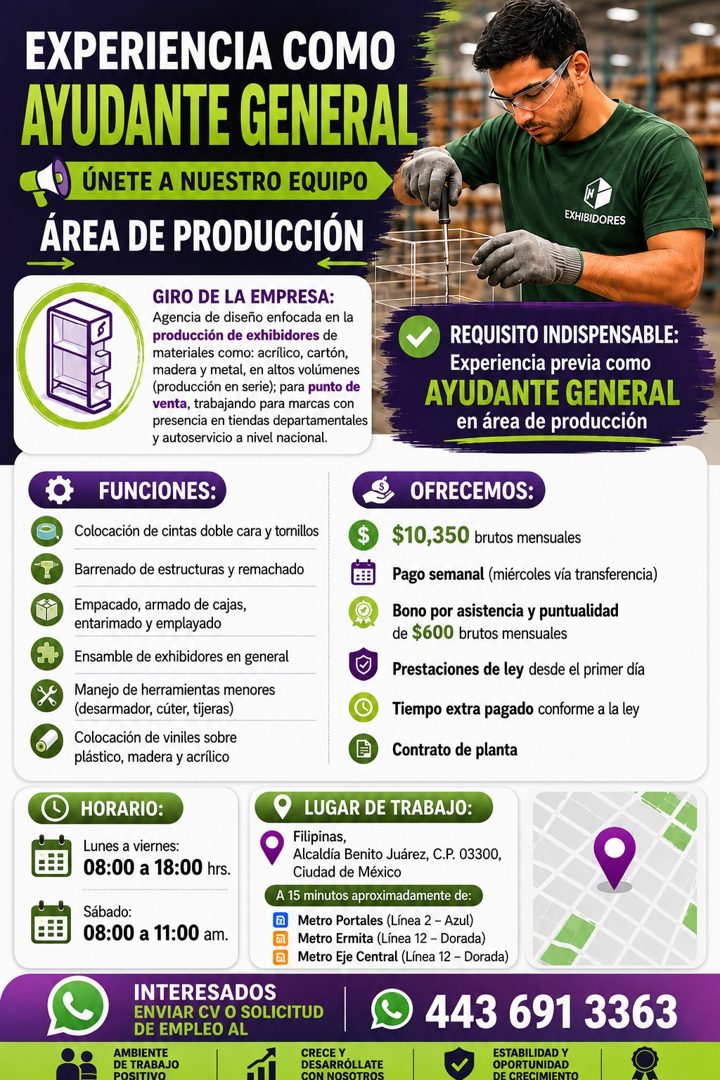 Banner del anuncio de la vacante: EXPERIENCIA COMO · AYUDANTE GENERAL · ÚNETE A NUESTRO EQUIPO · ÁREA DE PRODUCCIÓN · EXHIBIDORES · GIRO DE LA EMPRESA: · Agencia de diseño en