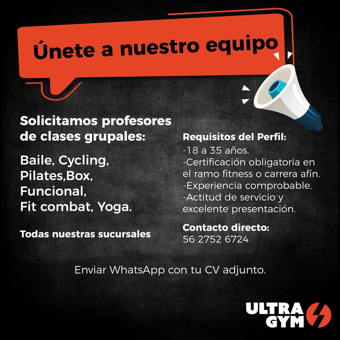 Banner del anuncio de la vacante: Únete a nuestro equipo · Solicitamos profesores · de clases grupales: · Baile, Cycling, · Pilates,Box, · Funcional, · Fit combat, Yoga. · To