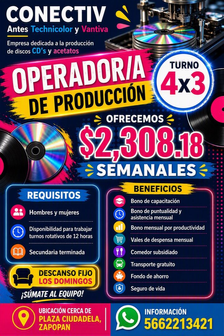 Banner del anuncio de la vacante: CONECTIV • · Antes Technicolor y Vantiva · Empresa dedicada a la producción · de discos CD's y acetatos · OPERADOR/A · DE PRODUCCIÓN · TURNO