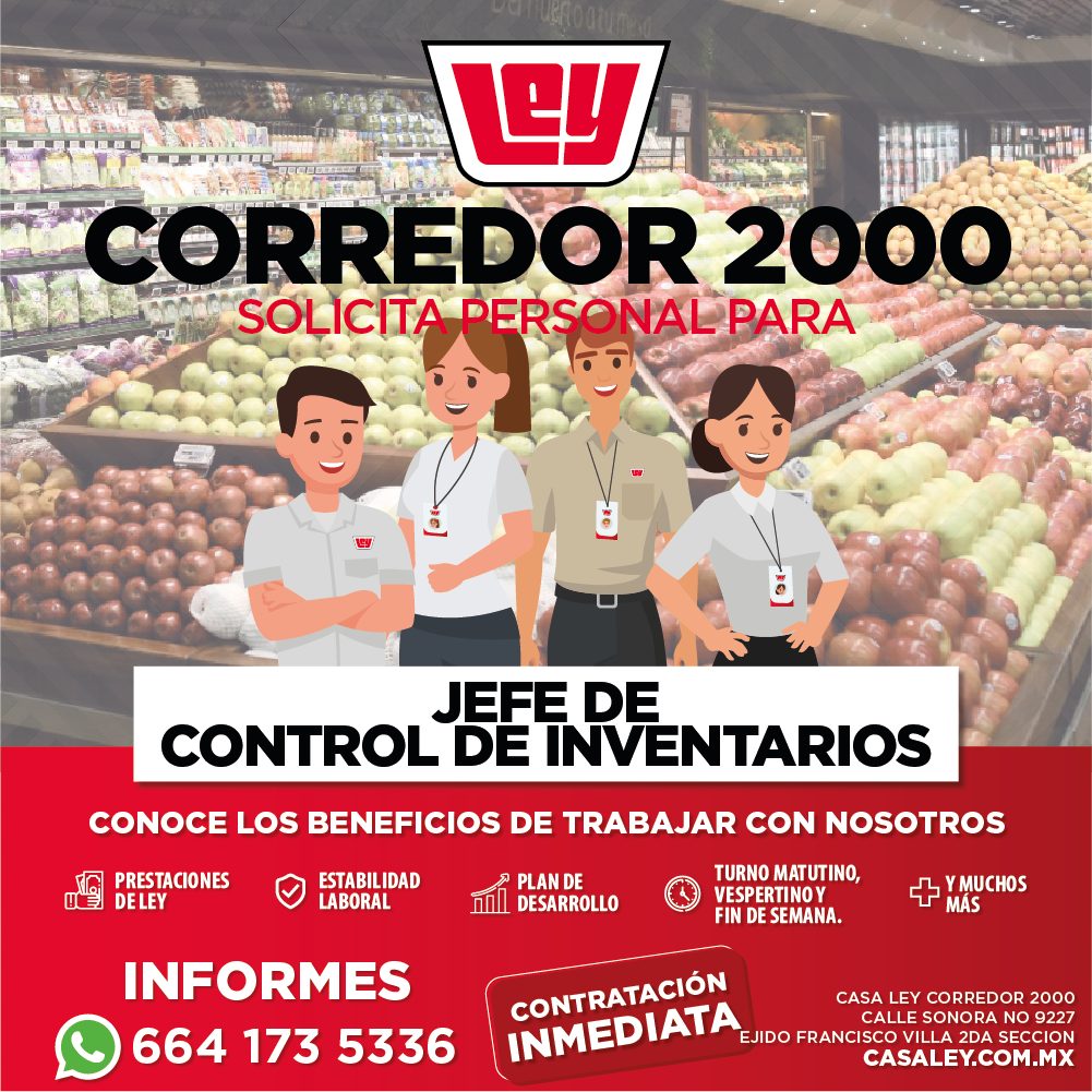 Banner del anuncio de la vacante: Ly · CORREDOR 2000 · SOLICITA PERSONAL PARA · JEFE DE · CONTROL DE INVENTARIOS · CONOCE LOS BENEFICIOS DE TRABAJAR CON NOSOTROS · PRESTACION