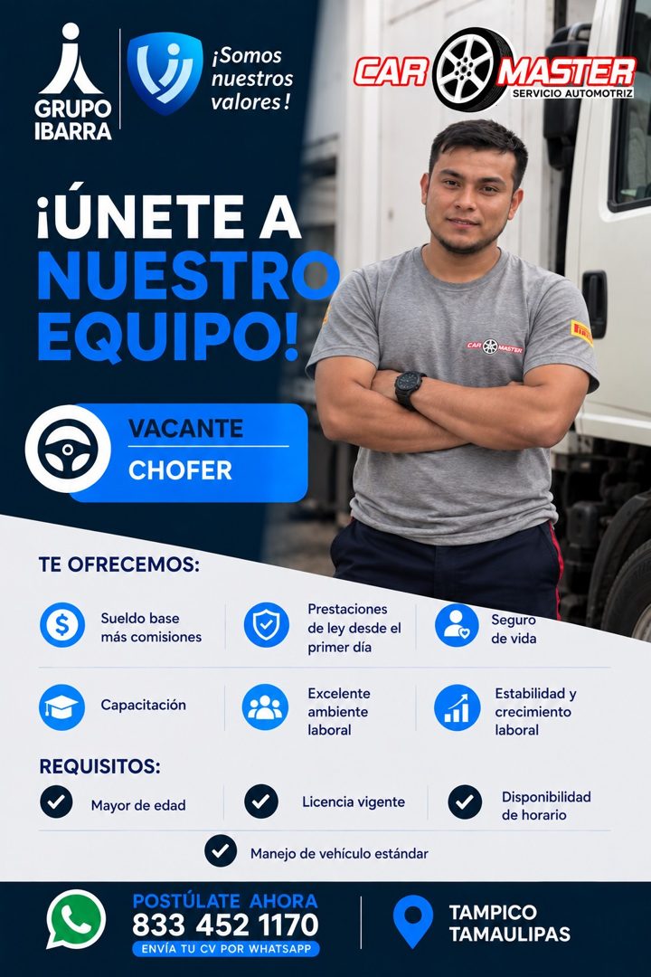 Banner del anuncio de la vacante: ¡Somos · nuestros · valores! · CAR · MASTER · SERVICIO AUTOMOTRIZ · GRUPO · IBARRA · ¡ÚNETE A · NUESTRO · EQUIPO!, · CARI · MASTER · VACANTE