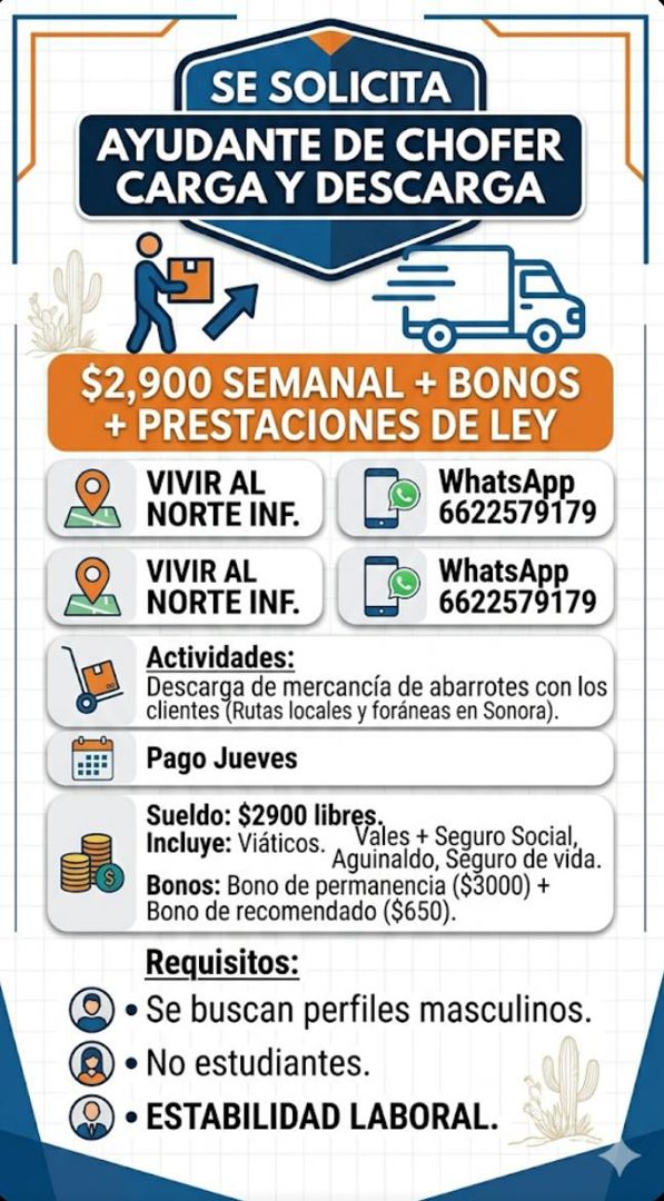 Banner del anuncio de la vacante: SE SOLICITA · AYUDANTE DE CHOFER · CARGA Y DESCARGA · $2,900 SEMANAL + BONOS · + PRESTACIONES DE LEY · VIVIR AL · WhatsApp · NORTE INF. · 66