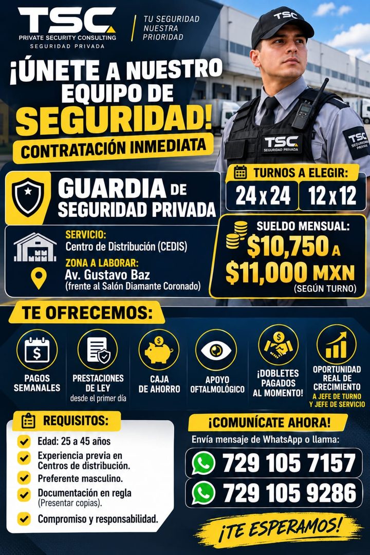 Banner del anuncio de la vacante: TSC · TU SEGURIDAD · NUESTRA · PRIVATE SECURITY CONSULTING · PRIORIDAD · SEGURIDAD PRIVADA · ¡ÚNETE A NUESTRO · EQUIPO DE · SEGURIDAD! · CON