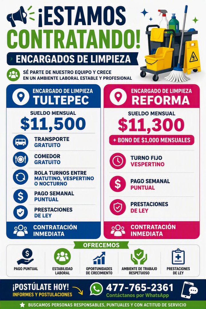 Banner del anuncio de la vacante: ¡ESTAMOS · CONTRATANDO! · › ENCARGADOS DE LIMPIEZA · SÉ PARTE DE NUESTRO EQUIPO Y CRECE · EN UN AMBIENTE LABORAL ESTABLE Y PROFESIONAL · ENC