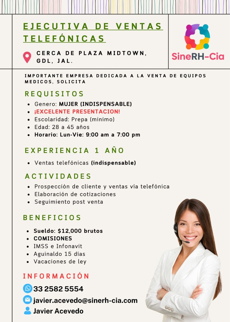 Banner del anuncio de la vacante: EJECUTIVA DE VENTAS · TELEFÓNICAS · CERCA DE PLAZA MIDTOWN, · GDL, JAL. · SineRH-Cia · IMPORTANTE EMPRESA DEDICADA A LA VENTA DE EQUIPOS · M