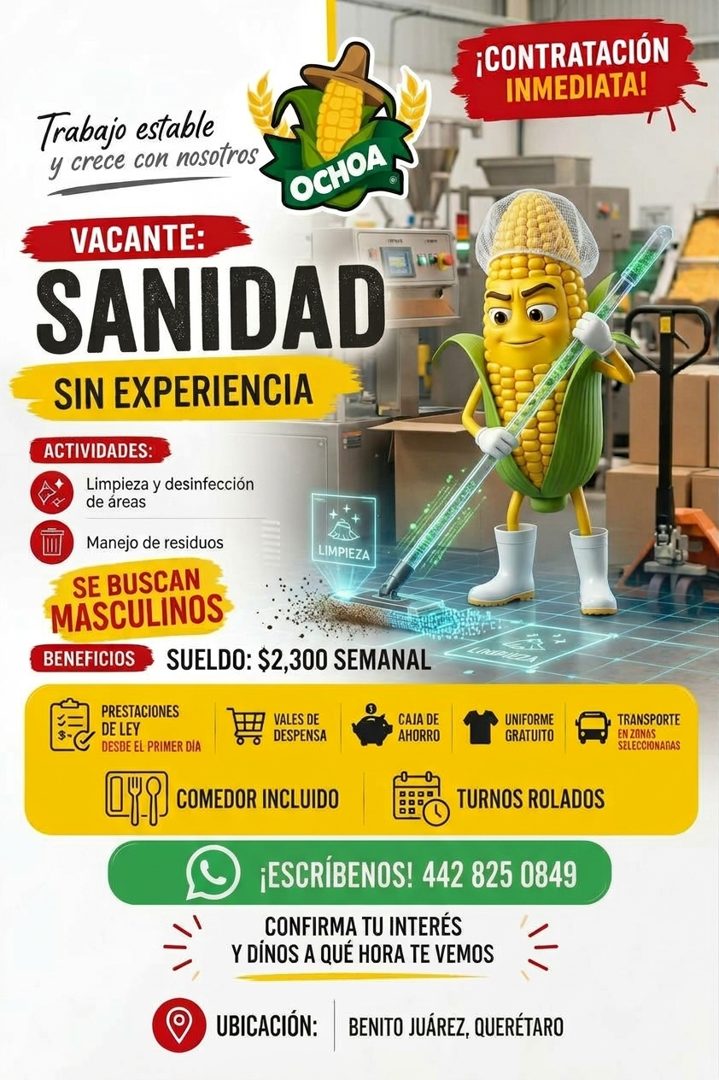 Banner del anuncio de la vacante: ¡CONTRATACIÓN · INMEDIATA! · Trabajo estable · y crece con nosotros · OCHOA · VACANTE: · SANIDAD · SIN EXPERIENCIA · ACTIVIDADES: · Limpieza