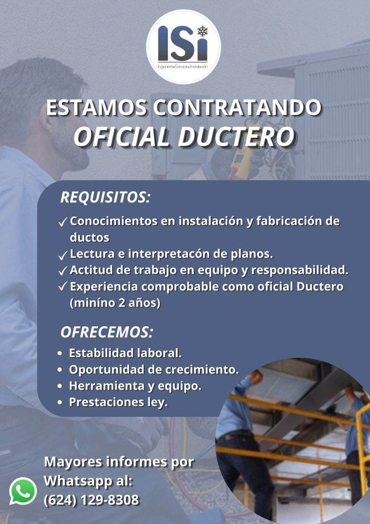 Banner del anuncio de la vacante: IST · Ingenierie» Servicio Instalación · ESTAMOS CONTRATANDO · OFICIAL DUCTERO · REQUISITOS: · v Conocimientos en instalación y fabricación 