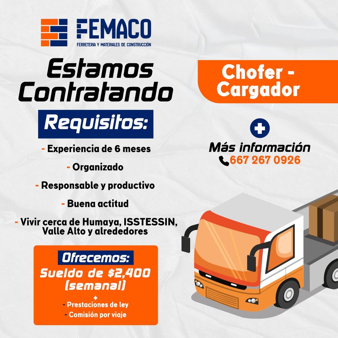 Banner del anuncio de la vacante: FEMACO · FERRETERIA Y MATERIALES DE CONSTRUCCION · Estamos · Contratando · Requisitos: · - Experiencia de 6 meses · - Organizado · - Respons