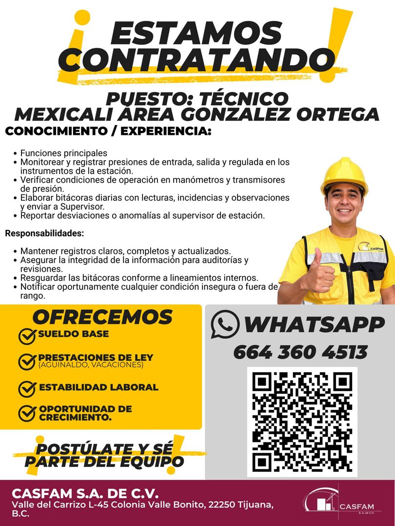 Banner del anuncio de la vacante: ESTAMOS · CONTRATANDO · PUESTO: TÉCNICO · MEXICALI ÁREA GONZALEZ ORTEGA · CONOCIMIENTO / EXPERIENCIA: · • Funciones principales · • Monitore