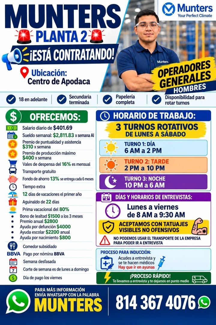 Banner del anuncio de la vacante: MUNTERS · PLANTA 2- · -¡ESTÁ CONTRATANDO! · Ubicación: · Centro de Apodaca · 18 en adelante · Secundaria · terminada · $ · • · • · BBVA · OF