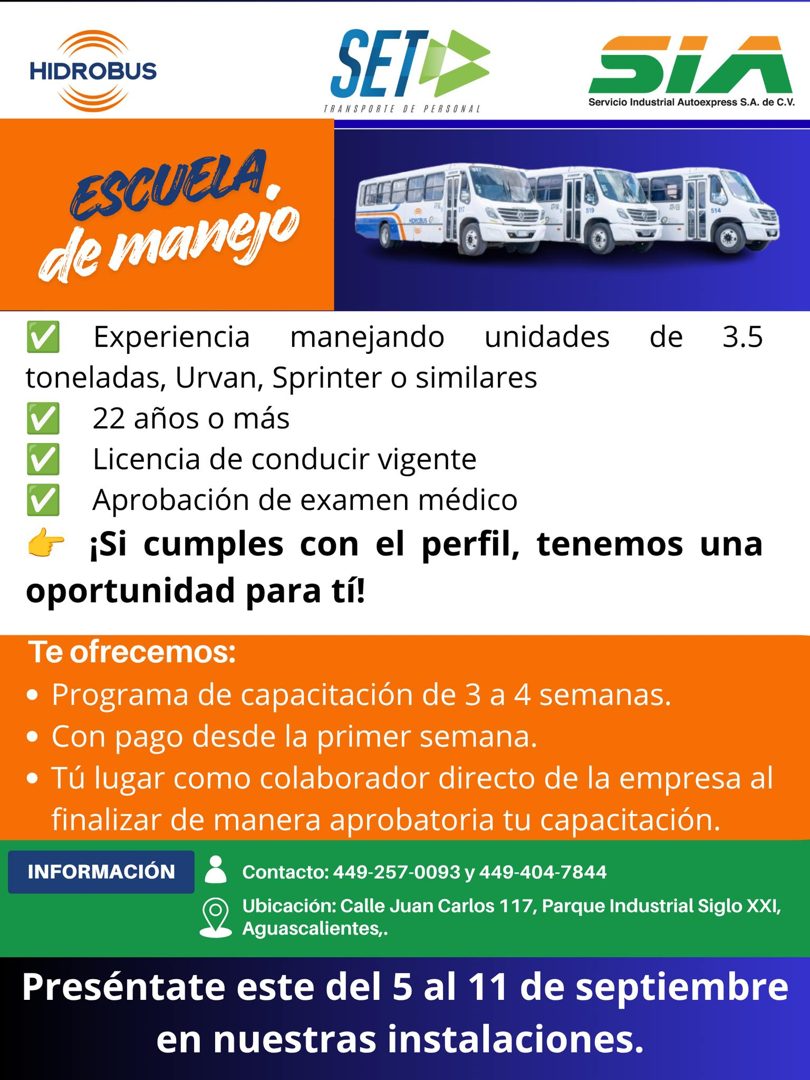 Banner del anuncio de la vacante: HIDROBUS · SET · TRANSPORTE · DE PERSONAL · SiA · Servicio Industrial Autoexpress S.A. de C.V. · ESCUELA. · de manejo · Experiencia manejand