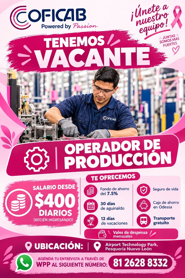 Banner del anuncio de la vacante: COFICAB · Powered by Passion · TENEMOS / · VACANTE · ¡únete a · nuestr · equipo! · - JUNTAS · SOMOS MÁS · FUERTES · COFICAB · OPERADOR DE · 