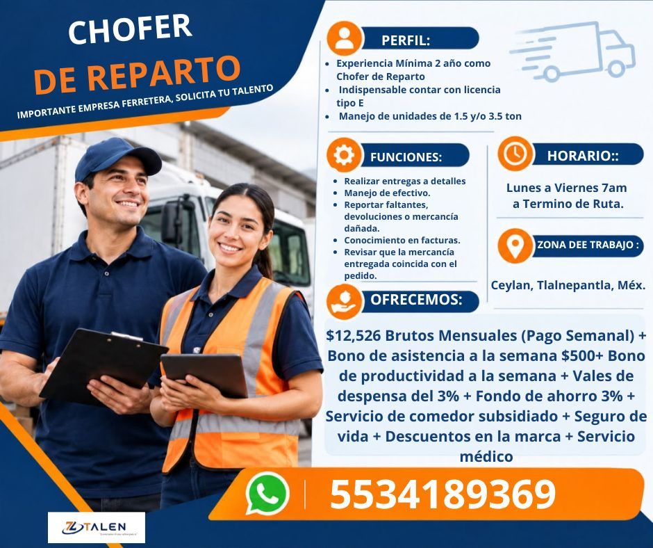 Banner del anuncio de la vacante: CHOFER · DE REPARTO · IMPORTANTE EMPRESA FERRETERA, SOLICITA TU TALENTO · PERFIL: · • Experiencia Mínima 2 año como · Chofer de Reparto · • 
