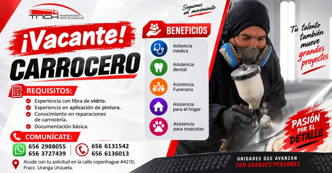 Banner del anuncio de la vacante: TM · TRANSPORTADORA · NORTE DE CHIHUAHUA · ¡Vacante! · CARROCERO · REQUISITOS: · Experiencia con fibra de vidrio. · Experiencia en aplicació
