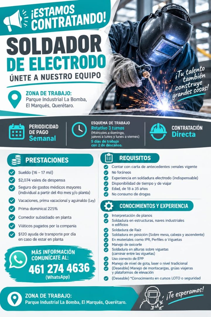 Banner del anuncio de la vacante: ¡ESTAMOS · CONTRATANDO! · SOLDADOR · DE ELECTRODO · ÚNETE A NUESTRO EQUIPO · ZONA DE TRABAJO: · Parque Industrial La Bomba, · El Marqués, Qu