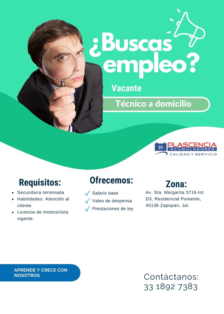 Banner del anuncio de la vacante: Requisitos: · • Secundaria terminada · • Habilidades: Atención al · cliente · • Licencia de motociclista · vigente. · APRENDE Y CRECE CON · 