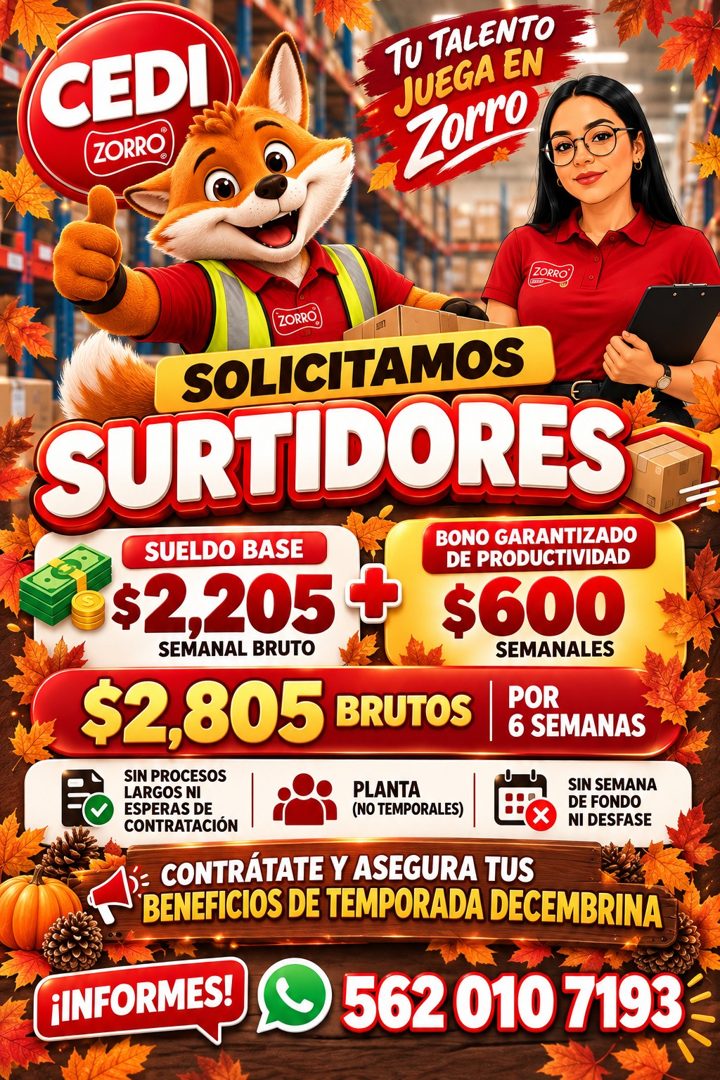 Banner del anuncio de la vacante: CEDI · ZORRO · TU TALENTO · JUEGA EN · Torro · ZORRO · ZORRO. · SOLICITAMOS · SURTIDORES · SUELDO BASE · $2,205 € · BONO GARANTIZADO · DE PR