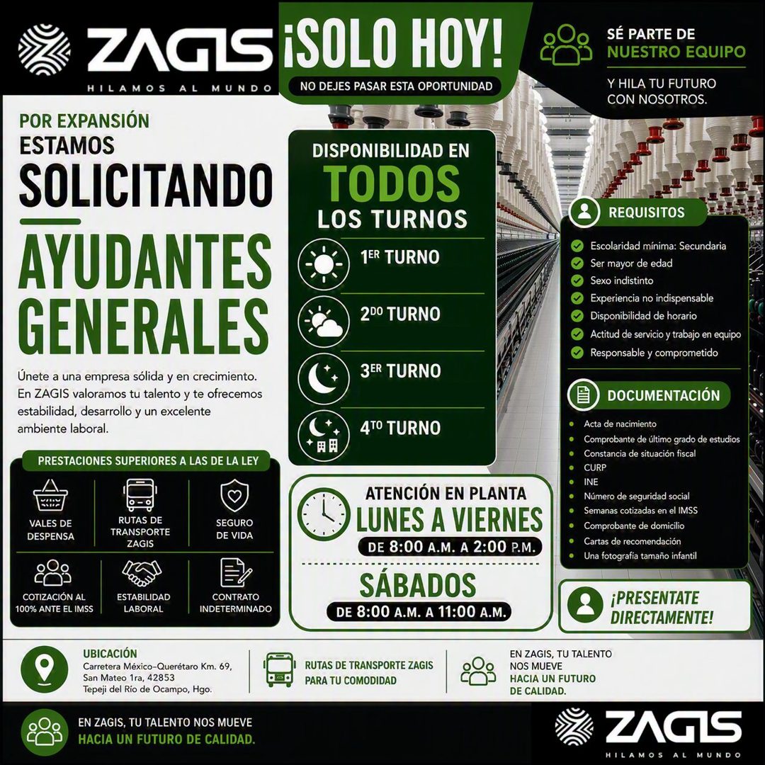 Banner del anuncio de la vacante: ZAGIS ISOLO HOY! · HILAMOS AL MUNDO · NO DEJES PASAR ESTA OPORTUNIDAD · POR EXPANSIÓN · ESTAMOS · SOLICITANDO · AYUDANTES · GENERALES · Únet