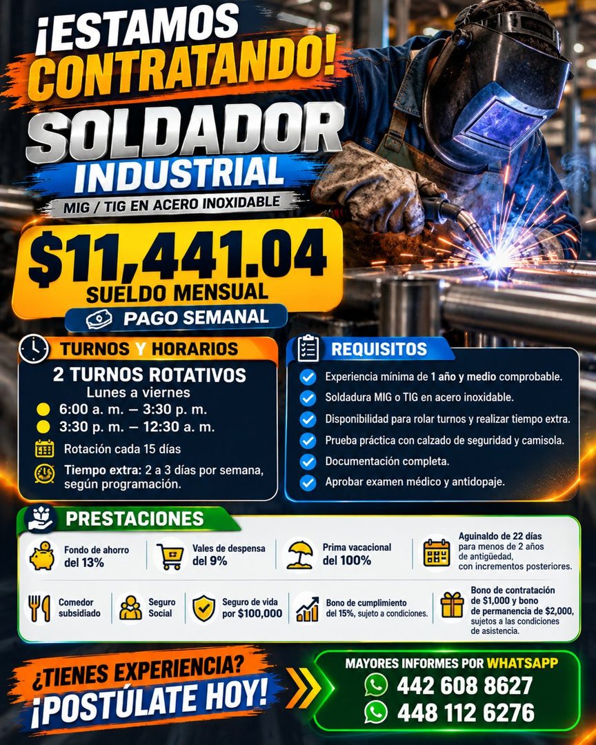 Banner del anuncio de la vacante: ¡ESTAMOS · CONTRATANDO! · SOLDADOR · INDUSTRIAL · MIG / TIG EN ACERO INOXIDABLE · $11,441.04 · SUELDO MENSUAL · PAGO SEMANAL · TURNOS Y HORA