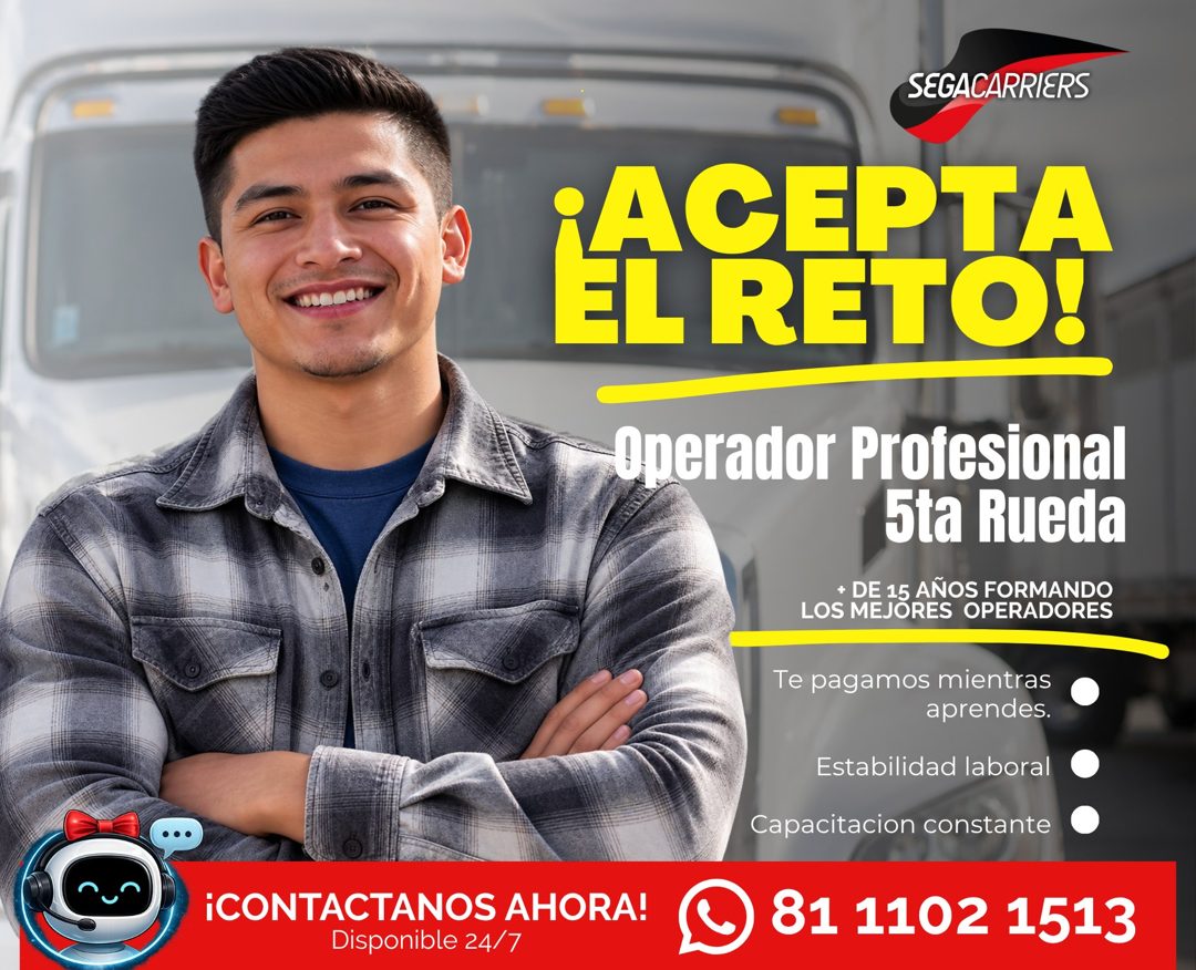 Banner del anuncio de la vacante: SEGACARRIERS · ALRETO! · ¡CONTACTANOS AHORA! · Disponible 24/7 · Operador Profesional · 5ta Rueda · + DE 15 AÑOS FORMANDO · LOS MEJORES OPER