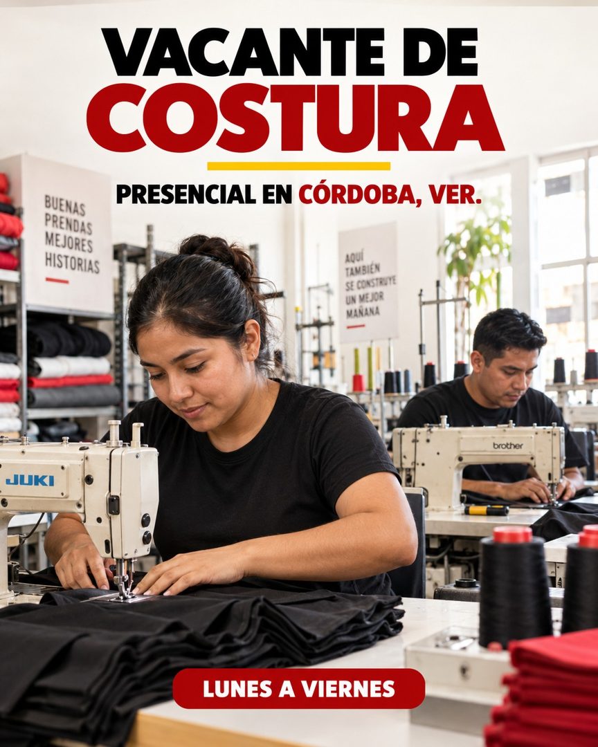 Banner del anuncio de la vacante: VACANTE DE · COSTURA · PRESENCIAL EN CÓRDOBA, VER. · BUENAS · PRENDAS · MEJORES · HISTORIAS · AQUÍ · TAMBIEN · SE CONSTRUTE · UN MEJOR · MAÑ