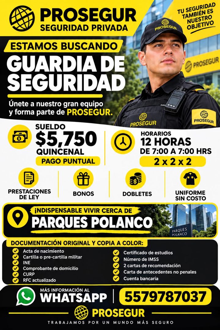 Banner del anuncio de la vacante: PROSEGUR · SEGURIDAD PRIVADA · ESTAMOS BUSCANDO · GUARDIA DE · SEGURIDAD · Únete a nuestro gran equipo · y forma parte de PROSEGUR. · SUELDO