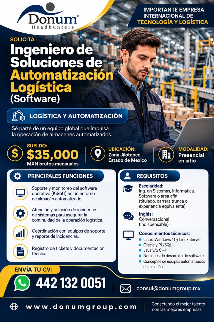 Banner del anuncio de la vacante: Donum® · Headhunters · SOLICITA · Ingeniero de · Soluciones de · Automatización · Logística · (Software) · LOGÍSTICA Y AUTOMATIZACIÓN · Sé p
